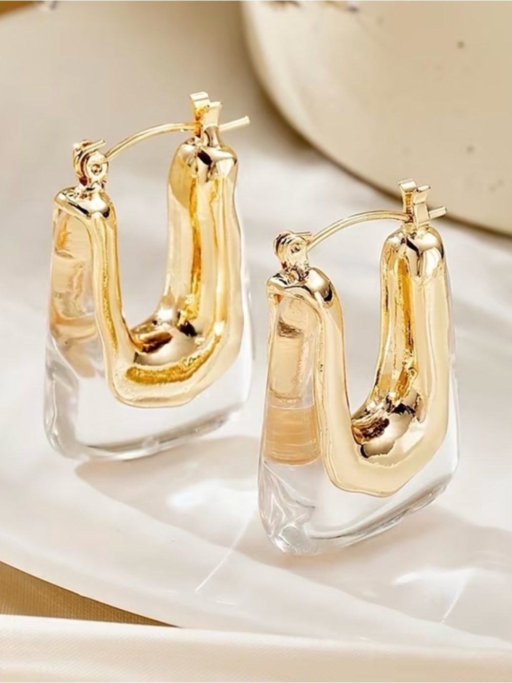 Gold and Clear Sculptural Hoop Earrings